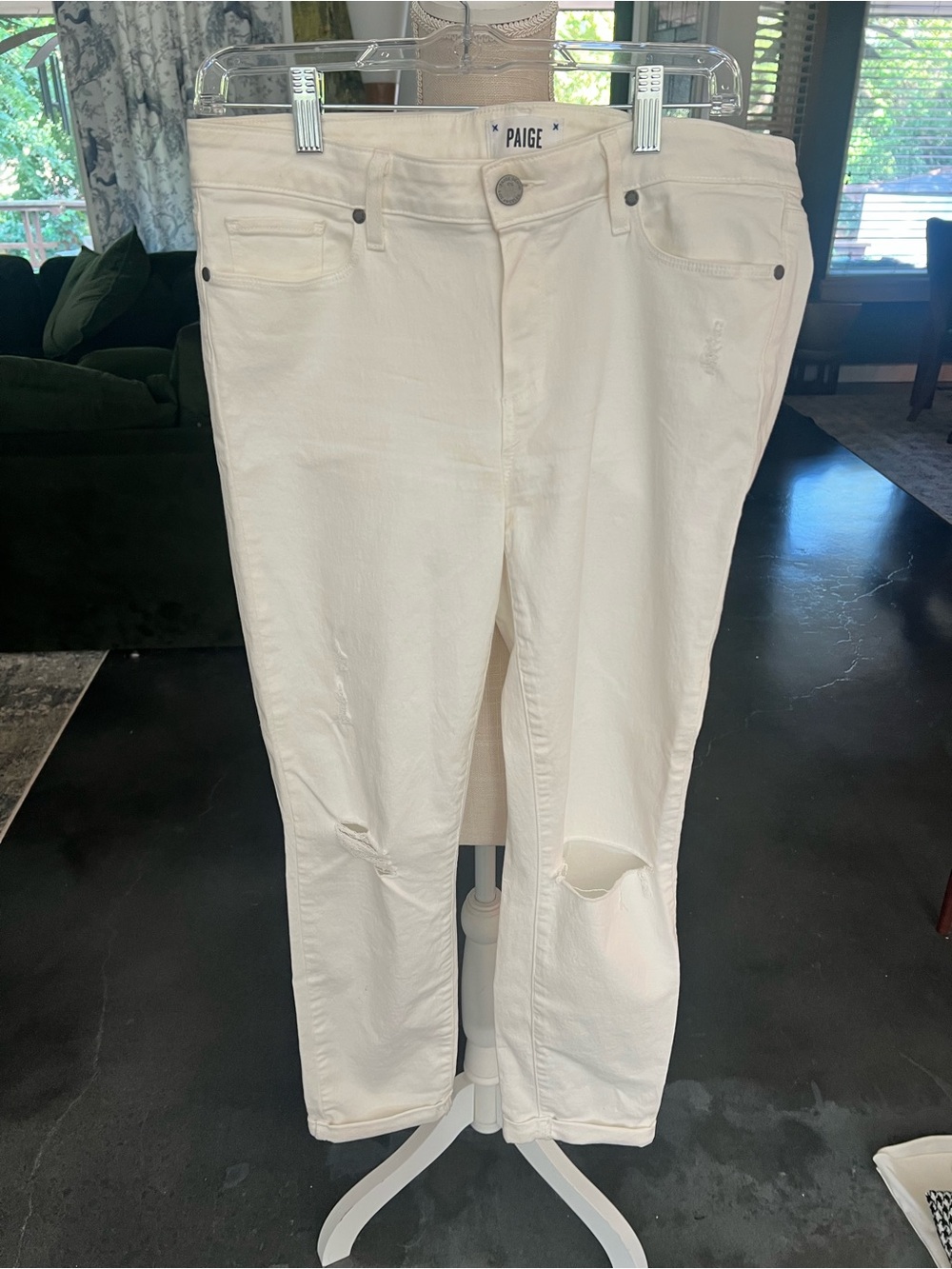 PAIGE Cream Distressed Boyfriend Jeans